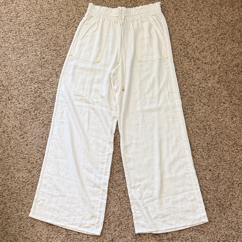 Linen Wide-Leg White Pull-On Pants